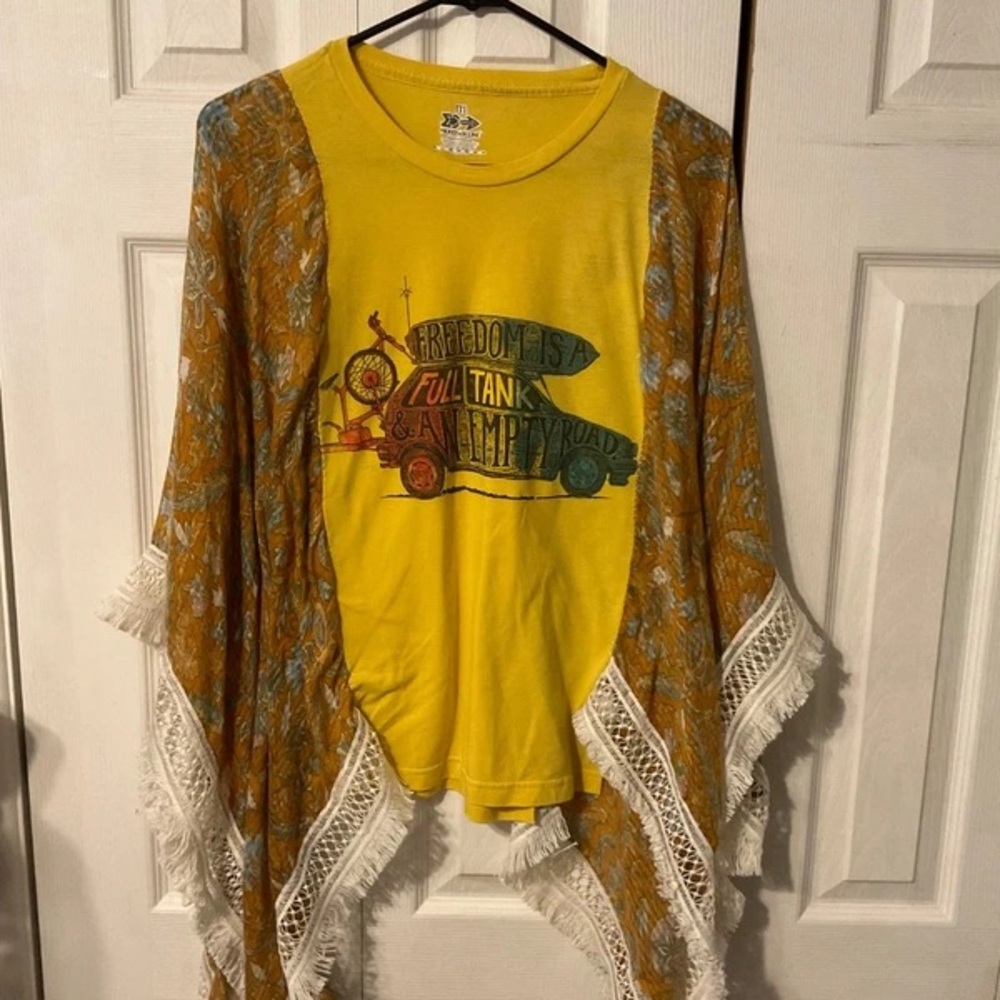 Yellow Graphic Tee with Boho Fringe Kimono